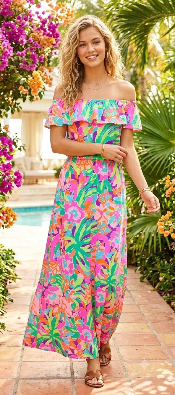 Lilly Pulitzer Tropical Off Shoulder Pink Green Maxi Dress XS